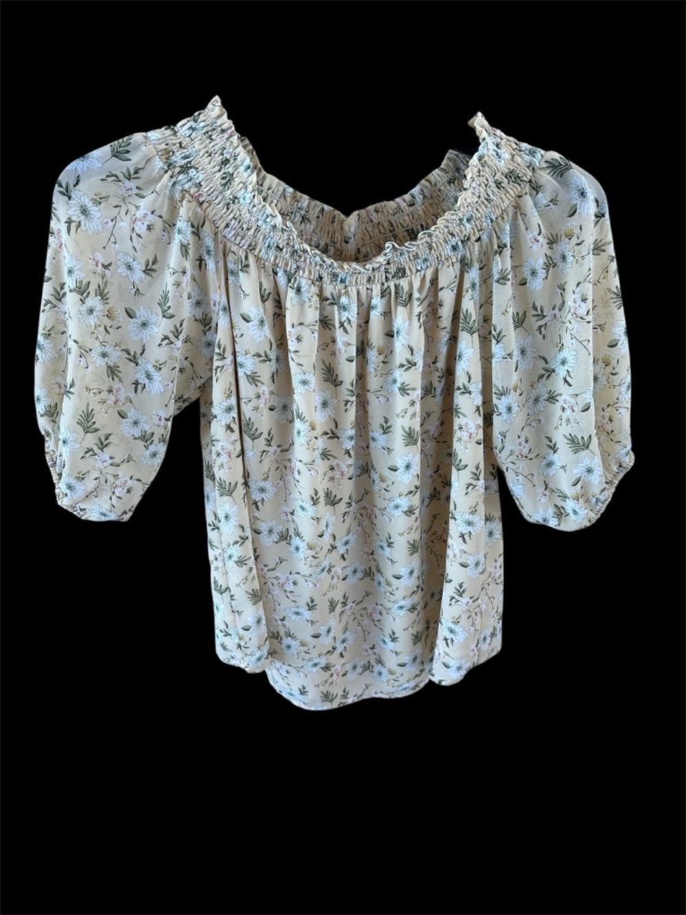 Pleione Cream Floral Smocked Off-Shoulder Blouse